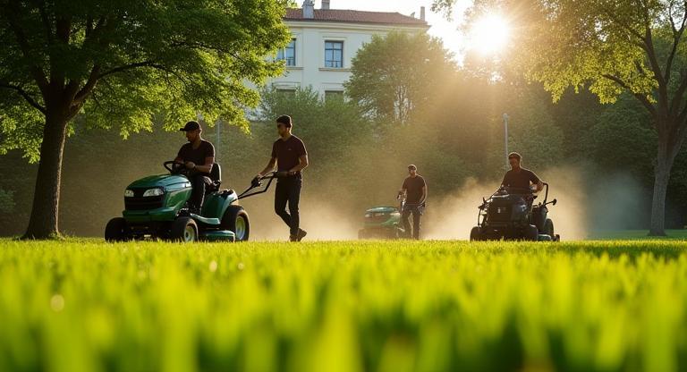 Équipe VertTonde tondant une pelouse à Lyon
